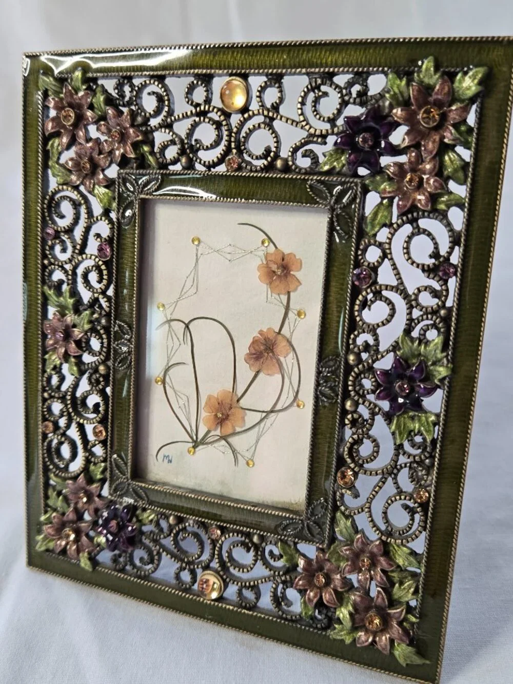 Romantic Floral Embellished Jeweled Metal Picture Frame